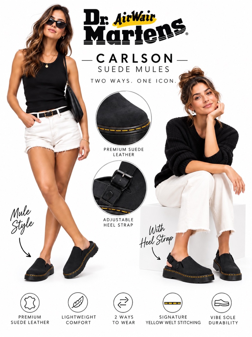 Dr. Martens Carlson Charcoal Black Suede Mules Convertible Clogs NWT